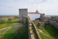 Mourao castle towers and wall historic building with interior garden in Alentejo, Portugal