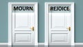 Mourn and rejoice as a choice - pictured as words Mourn, rejoice on doors to show that Mourn and rejoice are opposite options