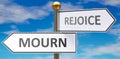 Mourn and rejoice as different choices in life - pictured as words Mourn, rejoice on road signs pointing at opposite ways to show