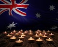 Mourning candles burning on Australia national flag of background. Memorial weekend, patriot veterans day, National Day of Service