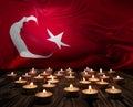 Mourning candles burning on Turkey national flag of background. Memorial weekend, patriot veterans day, National Day of Service