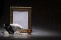 Mourning dove with blank gold frame for sympathy card Royalty Free Stock Photo