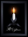 Mourning symbol with black ribbon around white candle light in frame on black background vector design