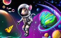 Mouse astronaut floating in space and chasing block of swiss cheese with visible planets in the background