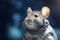 Mouse astronaut in a space suit. Mouse with black eyes, nice, sweet animal, small nose. Colorful. Photo realistic