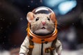 Mouse astronaut in a space suit. Mouse with black eyes, nice, sweet animal, small nose. Colorful. Photo realistic