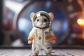 Mouse astronaut in a space suit. Mouse with black eyes, nice, sweet animal, small nose. Colorful. Photo realistic