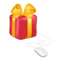 Mouse attached to a gift box. Buying gifts by online shopping. Vector image isolated