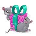 Mouse Birthday. Two cartoon mice with big gift box.