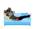 Cartoon rat. Resting with a cup of coffee on sofa. Cute mouse. Royalty Free Stock Photo