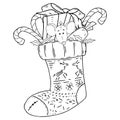 Mouse and candy cane in a Christmas sock. Vector illustration of gifts for children in a sock. Hand drawn  soft toys mouse Royalty Free Stock Photo
