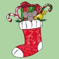 Mouse and candy cane in a Christmas sock. Vector illustration of gifts for children in a sock. Hand drawn toys mouse Royalty Free Stock Photo