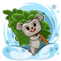 Mouse carries Christmas tree. Cheerful cartoon character. Good natured animal is preparing for the New Year. Walking