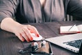 Mouse click, woman hand with mouse and laptop Royalty Free Stock Photo