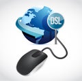 Mouse connected to a grey globe with a DSL sign.