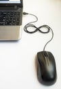 The mouse connected to the laptop via a wire in the shape of an