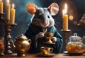 Mouse with cup tea in the kitchen. Generative AI