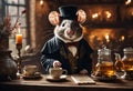 Mouse with cup tea in the kitchen. Generative AI
