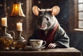 Mouse with cup tea in the kitchen. Generative AI