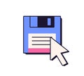Mouse cursor on diskette, floppy disk symbol. Arrow pointer pointing at magnetic disc, file in old retro computer style Royalty Free Stock Photo