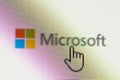Cursor on logo of Microsoft on computer screen. Chernihiv, Ukraine - January 15, 2022 Royalty Free Stock Photo