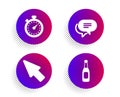 Mouse cursor, Text message and Timer icons set. Beer sign. Click arrow, Chat bubble, Stopwatch gadget. Vector