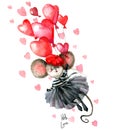 A mouse dressed in French style clothing flying in the form of hearts in balloons. Watercolor handwork.