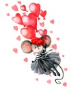 A mouse dressed in French style clothing flying in the form of hearts in balloons. Watercolor handwork.