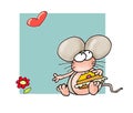 Mouse eating cake with flower and heart Color illustration humorist button or icon