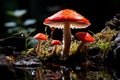 Mouse eating fly agaric in dark forest surrounded by ancient trees and glowing fungi Royalty Free Stock Photo