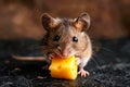 A mouse eating a piece of cheese on the ground. Generative AI Royalty Free Stock Photo