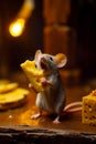 Mouse eating piece of cheese next to slice of cheese on table. Generative AI