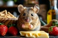 Mouse eats cheese and strawberries Royalty Free Stock Photo