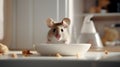 A mouse eats crumbs from a plate close-up. Rodent problem in the apartment