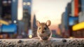 Mouse exploring the city close-up. Generative AI. Royalty Free Stock Photo