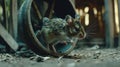 Mouse exploring old wheel in barn ruin Royalty Free Stock Photo
