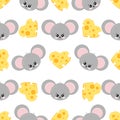 Mouse face and cheese shape of heart colorful seamless pattern on white background. Royalty Free Stock Photo