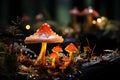 Mouse feasting on fly agaric mushroom in dark forest with ancient trees and glowing fungi Royalty Free Stock Photo