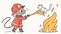 Mouse firefighter rescuing cat from burning building vector design Generative AI
