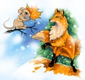 Mouse and fox in winter