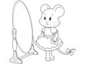 Mouse girl tries on a dress, flaunts in front of a mirror. Children coloring book, raster.