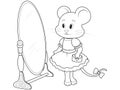 Mouse girl tries on a dress, flaunts in front of a mirror. Children coloring book, vector.