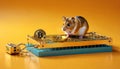 Mouse on Golden Mousetrap with Bitcoin Royalty Free Stock Photo