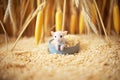 mouse in granary surrounded by wheat seeds