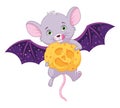 Mouse in halloween bat costume holding pumpkin of cheese. Cartoon illustration Royalty Free Stock Photo