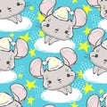 Mouse in a hat for sleep a cloud and stars on a blue background. Pattern seamless Print design for baby pajamas. Vector