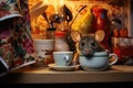 mouse hiding behind a coffee mug on a cluttered kitchen table