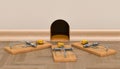 Mouse hole on the wall and mouse traps with cheese around, 3D rendering