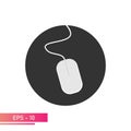 Mouse, icon in a black circle with a wire. On a white background. Devices for the computer. Flat vector illustration. Royalty Free Stock Photo