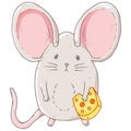 Mouse icon. Vector illustration of a cute little mouse with big ears. Hand drawn cartoon mouse holding a slice of cheese Royalty Free Stock Photo